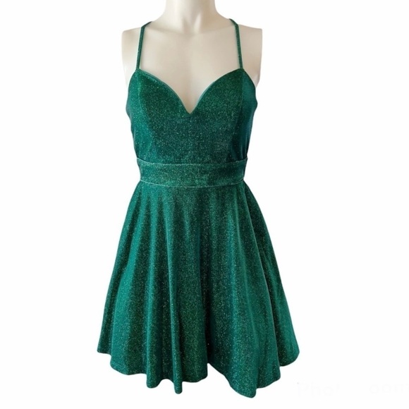 MIDNIGHT DOLL Green  Glitter Criss Cross Back Fit-And-Flare Party Dress NWT - Picture 1 of 9